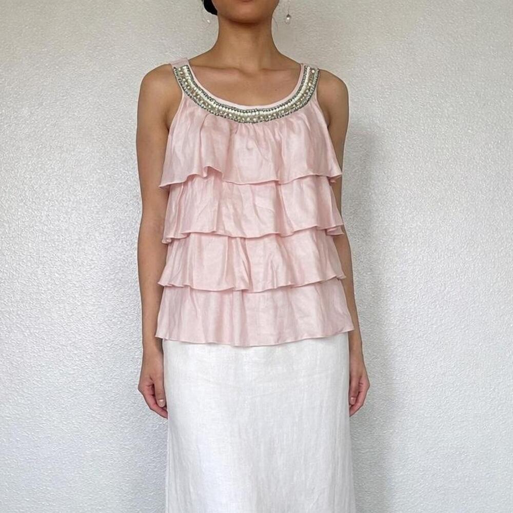 Vintage Blush Pink Silky Ruffle Tiered Tank Top Beaded Neckline Coquette Glam M